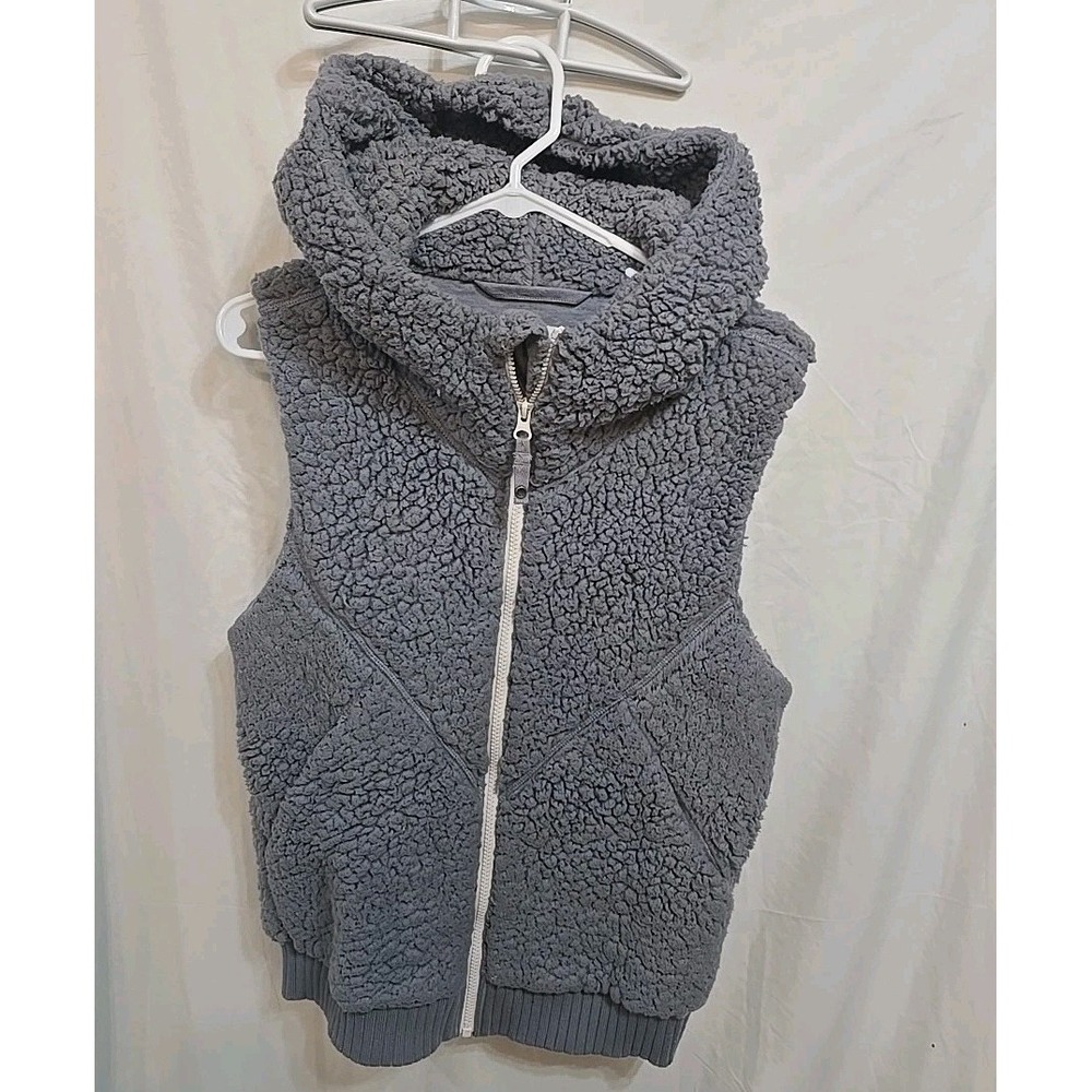 PrAna Gray Permafrost Sherpa Fleece Hooded Full Zip Hoodie Vest Size M Pockets